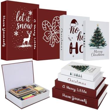 Imagem de Cholemy Conjunto de 4 caixas de armazenamento de livros falsos decorativas de Natal, centros de mesa de papel vintage, decoração de prateleira de Natal com armazenamento oculto para decoração de mesa