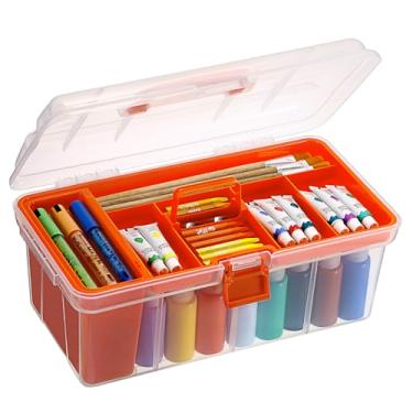 Imagem de JUXYES Caixa de armazenamento de garrafa de tinta de plástico transparente para artesanato com bandeja dividida e copo de limpeza, estojo organizador de tinta acrílica portátil com tampa