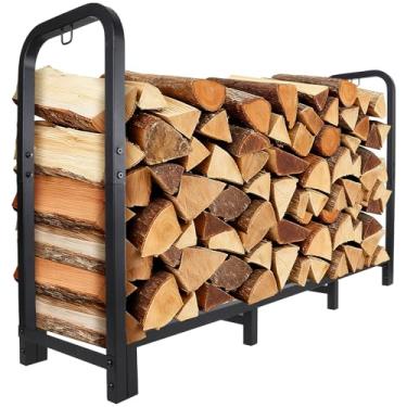 Imagem de Luoieo Rack de lenha resistente de 1,5 m, armazenamento externo de ferro forjado, comporta 1/4 de cabo de madeira, para acessórios de lareira de pátio