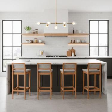 Imagem de Kit 4 Banquetas Estofada em Linho Encosto Palhinha Bruna cor:mel com l