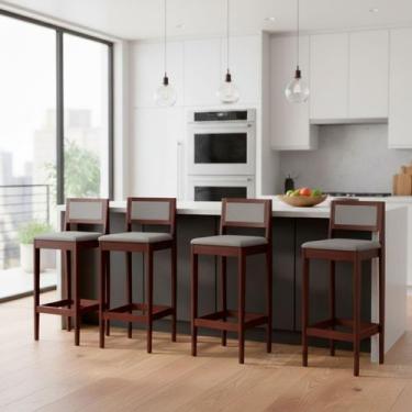 Imagem de Kit 4 Banquetas Assento Encosto Estofado em Linho Hellen cor:imbuia co