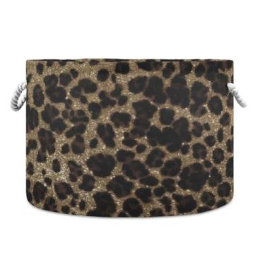 Imagem de JUZIHAI Cesta de armazenamento dobrável brilhante leopardo amarelo dourado cesto de roupa suja para bebês com alças de corda de algodão caixa de brinquedo dobrável organizador de armário para quarto