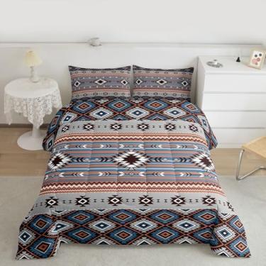 Imagem de jejeloiu Conjunto de edredom boêmio com estampa de faroeste, nativo do sudoeste, para crianças, meninos, meninas, tribal, asteca, tribal, azul, cinza, decoração de quarto, 3 peças com 2 fronhas