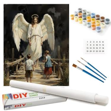 Imagem de Kit de pintura de anjo da guarda por números para adultos - Pintura de arte espiritual DIY em tela enrolada 40,6 x 50,8 cm, conjunto de tinta acrílica, adequado para iniciantes, arte para decoração de