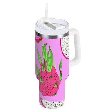 Imagem de ODAWA Caneca grande de frutas do dragão rosa pastel com alça e canudo, copos com isolamento duplo com tampa 2 em 1