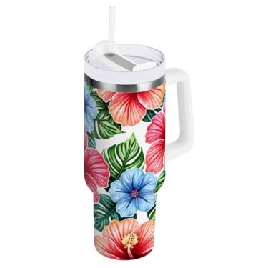 Imagem de ODAWA Copo grande à prova de derramamento com palha, flores azuis e rosas tropicais copo isolado de aço inoxidável com canudo e alça