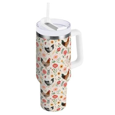 Imagem de ODAWA Copo de água bege de 850.5 g Roosters Flowers com canudo e alça, copo com isolamento duplo