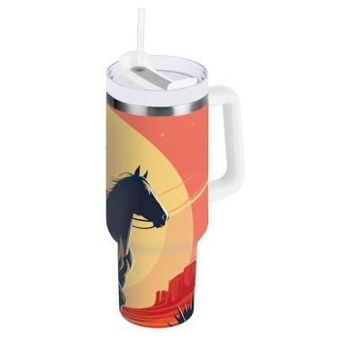 Imagem de ODAWA Copo grande com isolamento de aço inoxidável Cowboy Desert com alça e canudo para viagem