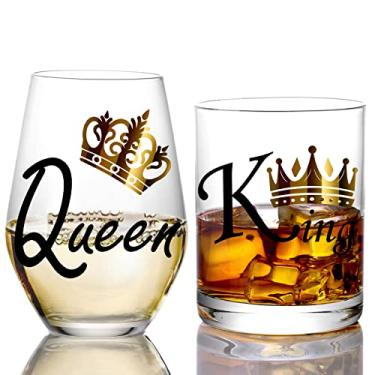 Imagem de Presentes de vidro de aniversário para casais - taças de vinho King e Queen - presentes de aniversário de casamento para casal, esposa, mulheres, taças de vinho exclusivas para casal, noivado,