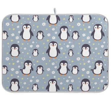 Imagem de Penguins Tapetes de secagem de pratos azuis fofos para balcão de cozinha, 45 cm x 61 cm, microfibra para café, pratos absorventes, escorredor, almofada de cozinha, protetor de bancada
