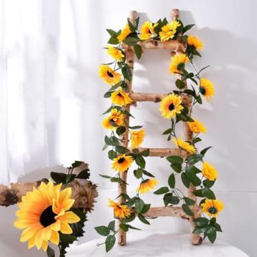 Imagem de Guirlanda de girassol artificial, flores artificiais de girassol de seda com folhas verdes, girassóis artificiais para festas de casamento, aniversário, festivais, decoração de mesa