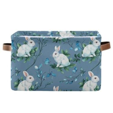 Imagem de Cestos de armazenamento de 36 cm com alças - cesta decorativa retangular dobrável para escritório em casa, quarto, coelho branco, flor azul, 1 pacote