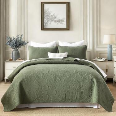 Imagem de AJOCCI Conjunto de edredom king de algodão, verde-oliva, colchas paisley, colcha de algodão macio, cor lisa, leve, para todas as estações, 3 peças