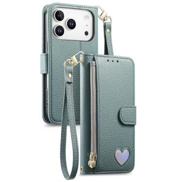 Imagem de POYUFRG Capa flip para iPhone 17 Pro Max/17 Pro/17 Air/17, carteira com zíper elegante padrão lichia capa de couro com porta-cartão, azul, 17