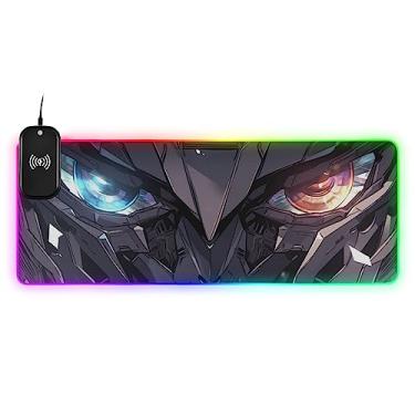 Imagem de Mouse pad grande de Led estendido RGB com olhos azuis vermelhos RGB com 14 modos de iluminação, mousepads para teclado de computador com carregamento rápido sem fio Qi de 15 W, 90 x 40 cm