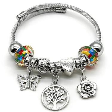 Imagem de Bshpima Pulseira feminina prateada - Pulseira ajustável de aço de titânio com pingente de árvore da vida/coração/urso e contas de cristal, kit de joias com tema de amor, lembrancinhas perfeitas para