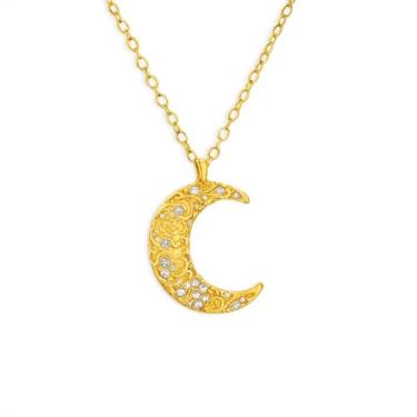 Imagem de ERLOSYA Colar feminino de lua crescente banhado a ouro 14 K – Pingente celestial texturizado com zircônia cúbica, joia elegante em camadas, presente de astrologia espiritual para esposa e mãe, middle