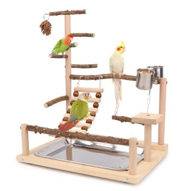 Imagem de Wontee Parquinho de pássaros de madeira para poleiro de pássaro com bandeja removível e copos de alimentação para periquitos periquitos caique senegal calopsitas conures