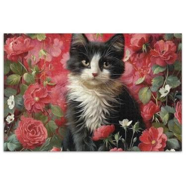 Imagem de Quebra-cabeça de gato com flores, 500 peças, presentes para adultos, jogo de elefante branco, difícil decoração de pintura