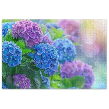 Imagem de Quebra-cabeça flor hortênsia azul roxo 500 peças para adultos presentes para elefante branco jogo grande quebra-cabeça jogo de arte