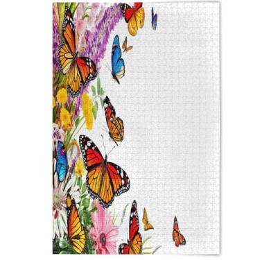Imagem de Quebra-cabeça de borboletas vibrantes flores brancas 500 peças adultos pintura floral decorativa paisagem quebra-cabeças amantes de elefantes brancos, presentes, 500 peças, 52 x 37,8 cm