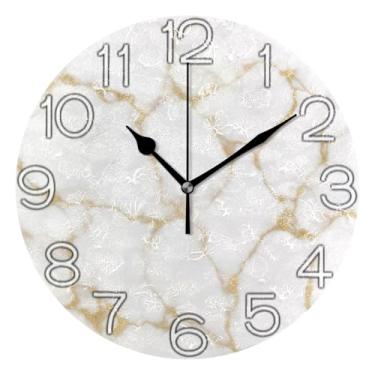 Imagem de GAIGEO Relógio de parede analógico com textura de mármore branco decorativo para escritório e cozinha, alimentado por bateria, decoração de parede de meados do século, sala de estar, 25 cm, ponteiros