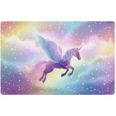 Imagem de TSENQUE Tapete de porta fofo arco-íris com asas de unicórnio majestoso personalizado tapete de boas-vindas para porta da frente antiderrapante tapetes de porta externos laváveis 81 cm x 50 cm