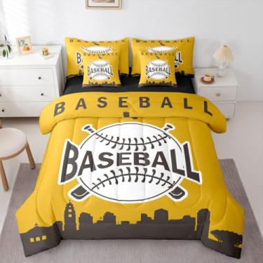 Imagem de Jogo de cama de solteiro de beisebol com estampa de beisebol e jogos de bola esportivos, 7 peças, para quarto de crianças, adolescentes e adultos, conjunto de cama com silhueta de cidade americana