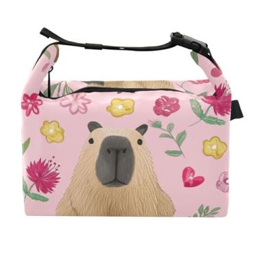 Imagem de TSENQUE Lancheira personalizada com flores de capivaras rosa para mulheres, lancheira divertida e fofa para trabalho, bolsa térmica de alimentos reutilizável, isolada para o trabalho