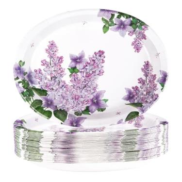 Imagem de Grencian - 50 Pratos de Papel Oval Lilás Grandes, 25,4 x 30,5 cm, Floral Roxo, Resistentes, Descartáveis, para Servir de Jantar, Primavera, Verão, Festas, Chá de Bebê