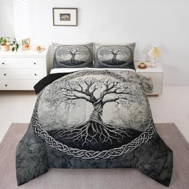 Imagem de Homewish Conjunto de edredom Queen com árvore da vida, preto e cinza, para decoração de quarto de crianças, meninas, adolescentes, adultos, natureza, árvore, estética, abstrato, estilo viking, 2