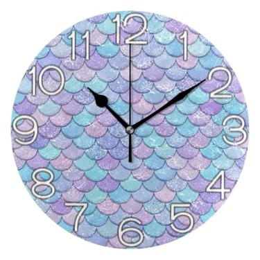Imagem de Relógio de parede decorativo analógico operado por bateria relógio de cozinha fofo, decoração de parede art déco moderno retrô, escamas de sereia pastel, 25 cm, ponteiros dourados