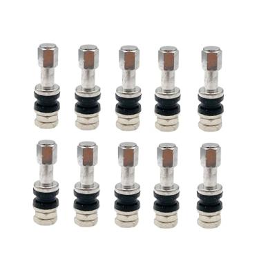 Imagem de 10 peças TR43E Haste de válvula de pneu de fixação de metal prateado haste de válvula de pneu de carro sem câmara universal acessórios de haste de ar de roda automotiva compatível com pneus de 1,2 cm