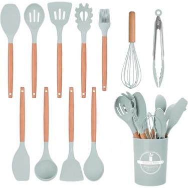Imagem de Kit de Utensílios de Cozinha de Silicone, 12 Peças, Cabos de Madeira Antiderrapentes, Cozinha Completa (Verde)