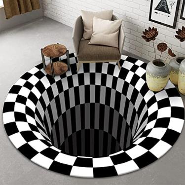 Imagem de Tapete redondo com ilusão de vórtice 3D, preto, branco, xadrez, tapete óptico visual 3D para quarto, sala de estar, decoração de casa, tapete redondo antiderrapante, A, diâmetro 100 cm
