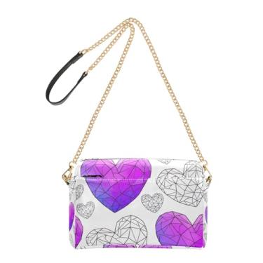 Imagem de Bolsa feminina transversal linha roxa corações poligonais bolsa de telefone linda bolsa de ombro de couro PU alça de corrente