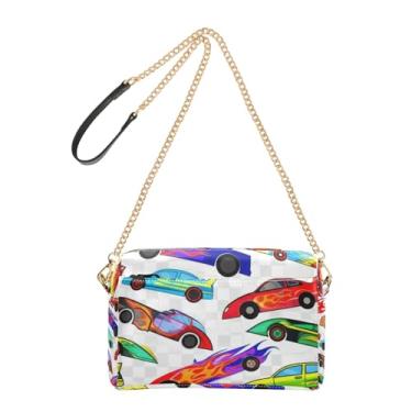 Imagem de Joitme Bolsa feminina transversal para celular bolsa de ombro de couro PU com alça de corrente de desenhos animados coloridos carros de corrida