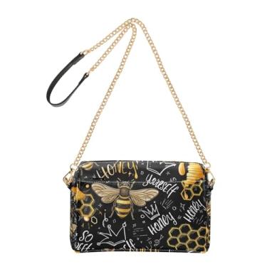 Imagem de Joitme Bolsa tiracolo feminina bolsa para celular lindas abelhas douradas favos de mel bolsa de ombro de couro PU preto com alça de corrente