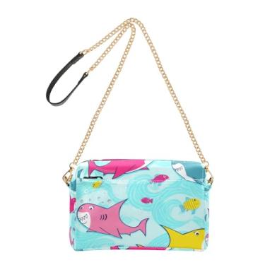 Imagem de Bolsa feminina azul com estampa de tubarões de desenho animado em couro PU com alça de corrente para celular