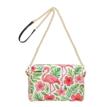 Imagem de Joitme Bolsa de ombro feminina transversal tropical rosa flamingos folhas verdes bolsa para celular linda bolsa de ombro de couro PU alça de corrente