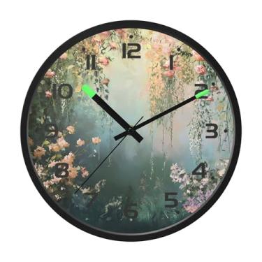 Imagem de SEHANY Relógio de parede vintage com flores de videira silencioso, sem tique-taque, relógio redondo operado por bateria, controle de som, luz noturna, relógios de parede para sala de estar, cozinha