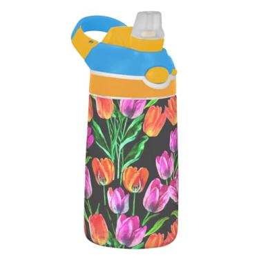 Imagem de Garrafa de água infantil Tritan de 473 ml com tampa de palha, garrafa de água esportiva portátil de 473 ml, copo infantil reutilizável à prova de vazamento, alça de transporte, tulipas coloridas