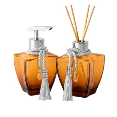 Imagem de Kit Lavabo Luxo Vidro Degradê Marrom com Saboneteira e Difusor de Ambiente – Frascos Decorativos para Banheiro(Dourado)