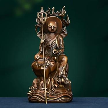 Imagem de FENNYYAR Ornamento de estátua de cobre do povo de Buda Dizang Pusa, 17 cm, estátua sentada de bodhisattva, para decoração de escritório doméstico Fengshui