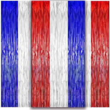 Imagem de WD&CD 3 peças de cortinas de franja de alumínio para decoração de 4 de julho, vermelho, prata e azul, 1 m x 2 m, cenário de serpentina de cabine de fotos para festa patriótica americana, dia do