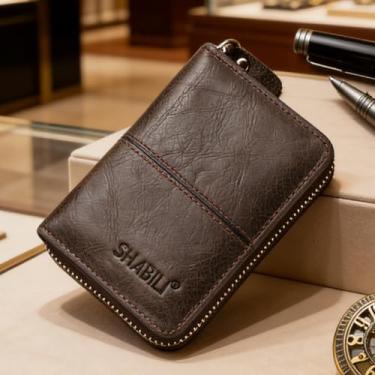 Imagem de Carteira masculina de couro curta com zíper, organizador com zíper cinza-escuro durável (marrom escuro)