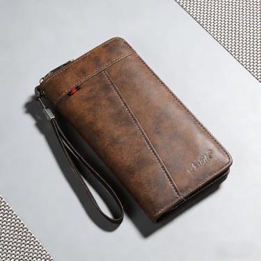 Imagem de Carteira masculina retrô marrom claro horizontal com estampa magnética de couro macio, design horizontal marrom claro retrô com fecho magnético, padrão de tecido