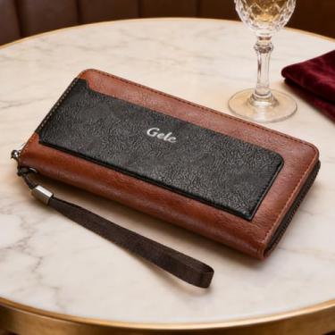 Imagem de Carteira de couro vintage para homens, carteira longa com zíper único com grande capacidade e bloqueio RFID, organizador retrô com vários compartimentos para cartões (marrom claro)