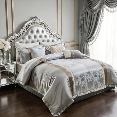 Imagem de PlushVibes Conjunto de edredom King Size, cama em uma bolsa de 7 peças, conjunto de cama reversível Gary Fofy, design de jacquard com rolagem botânica, edredom elegante de luxo macio e sedoso, todas