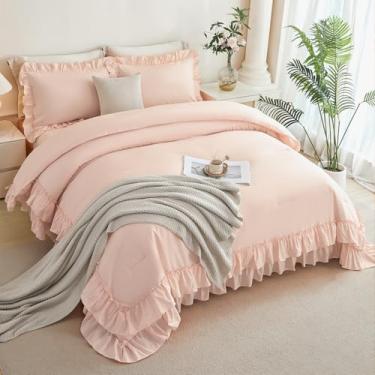 Imagem de ANGIYUIN Conjunto de edredom solteiro rosa blush para meninas, 5 peças, cama de camada dupla com babados em uma bolsa, cor sólida, casa de fazenda, conjunto de edredom com lençóis (rosa blush